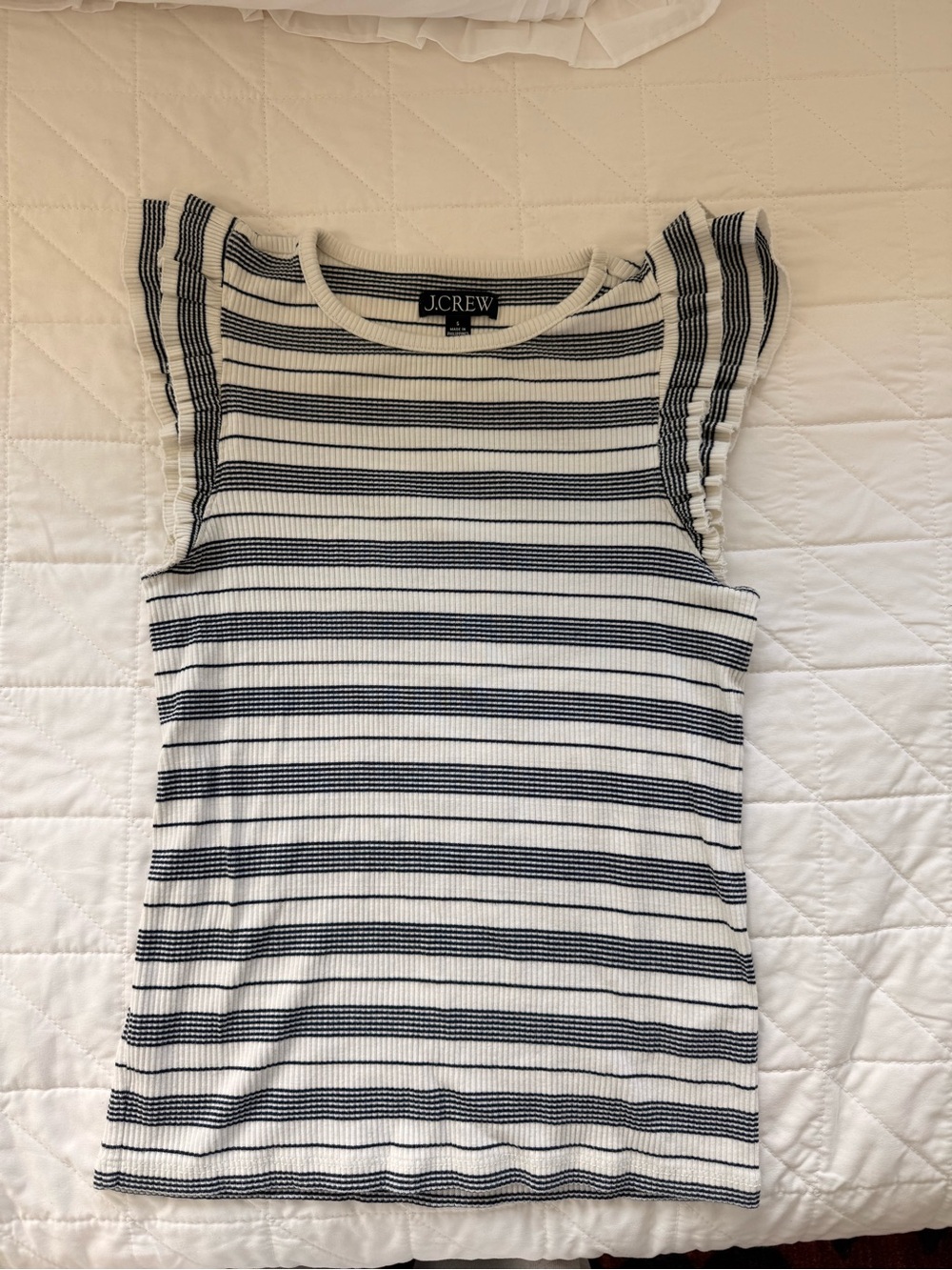J.Crew White and Black Striped Ruffle Sleeve Tank